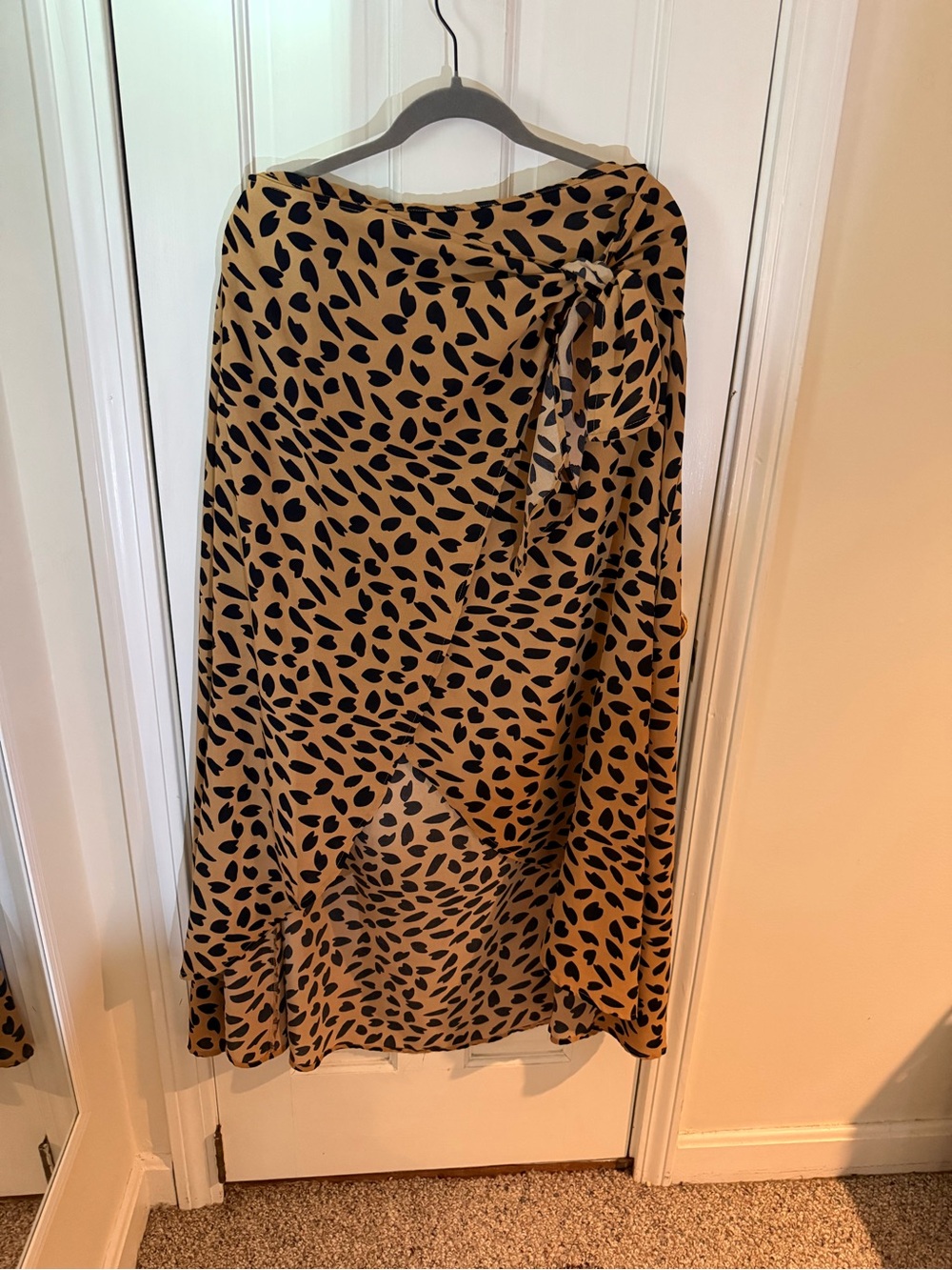 SHEIN Tan Midi Skirt with Black Leaf Print and Side Tie